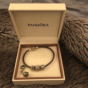 Pandora Brown Leather Bracelet + Charms